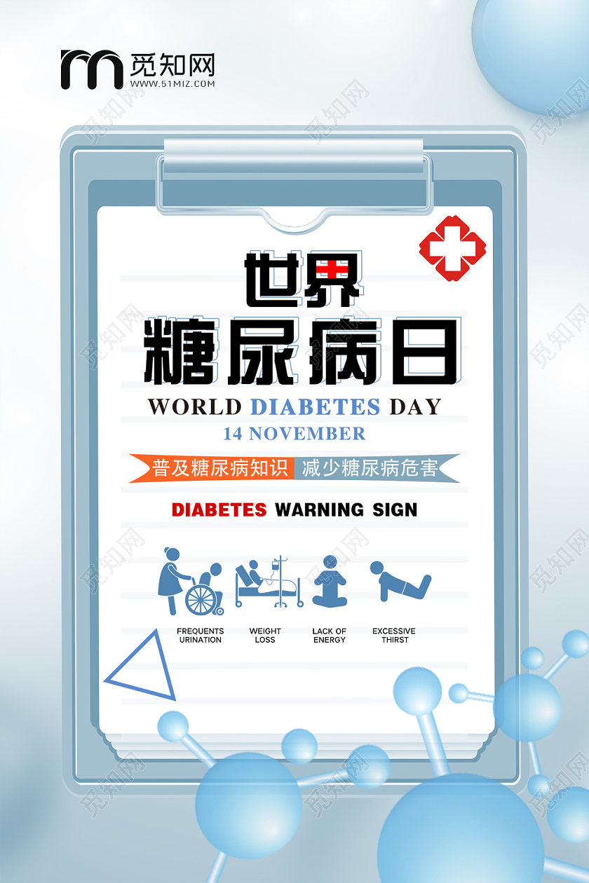 蓝色医疗世界糖尿病日普及健康知识海报