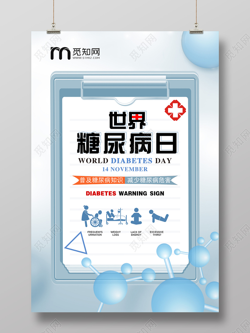 蓝色医疗世界糖尿病日普及健康知识海报