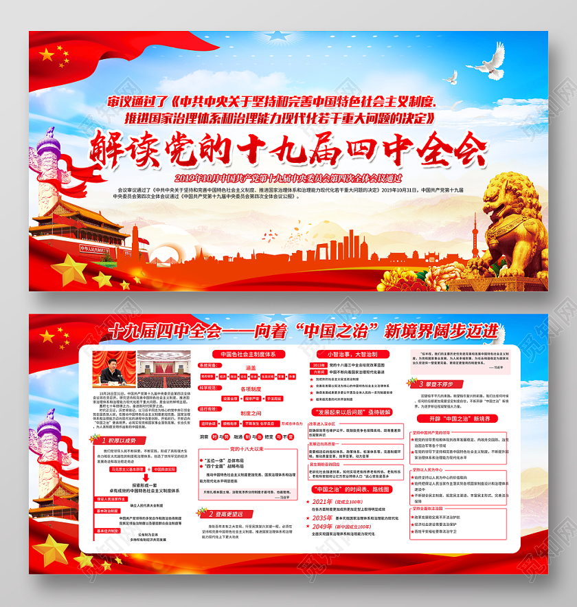 蓝色大气解读党的十九届四中全会党建党政党课宣传栏展板