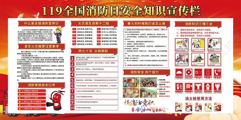 大气119中国消防宣传日把好防火关有备无患保平安消防知识展板