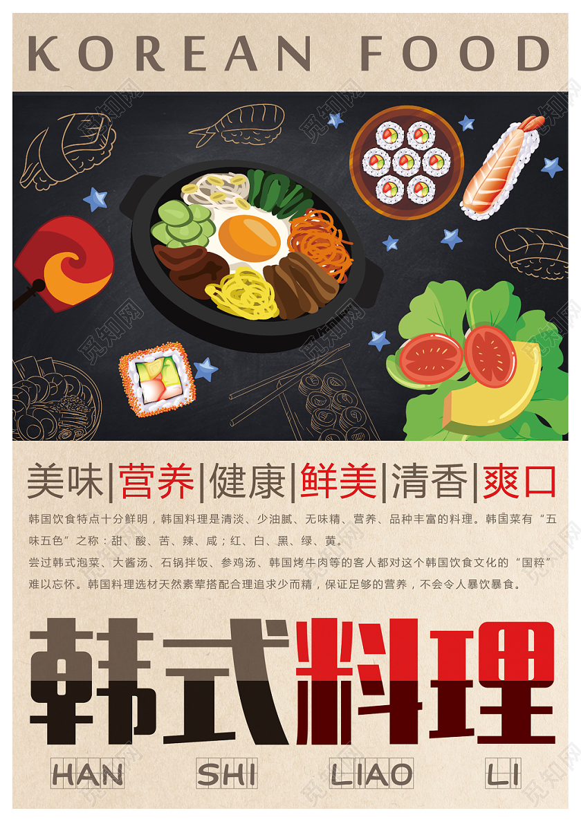 扁平风格韩式料理菜单海报