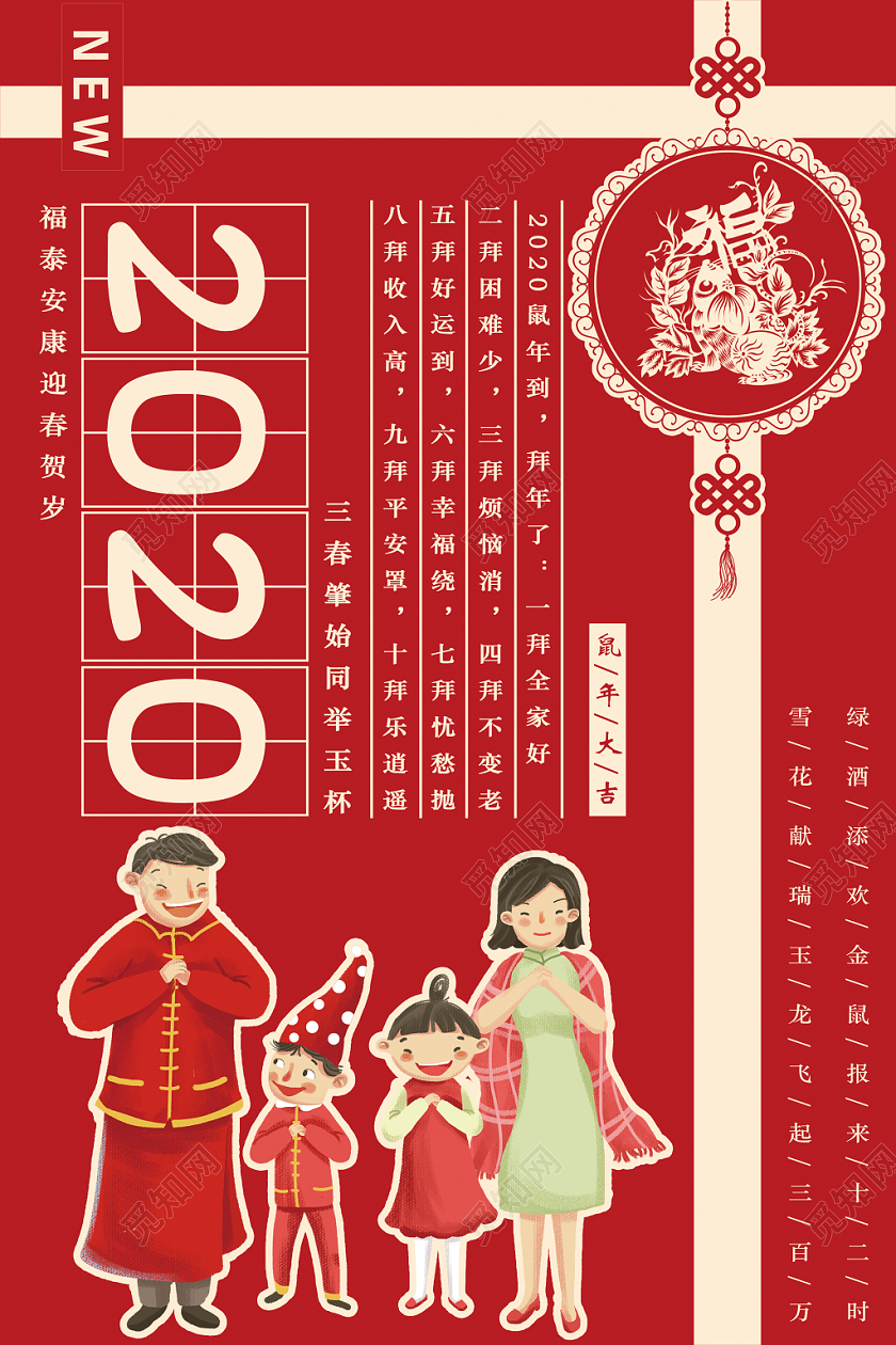 2020年红色喜庆新年鼠年拜年宣传海报