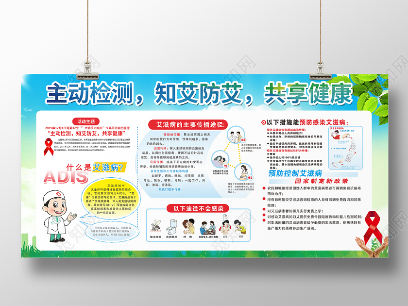 卫生健康教育宣传栏蓝色主动检测知艾防艾世界艾滋病日AIDS健康教育宣传栏展板