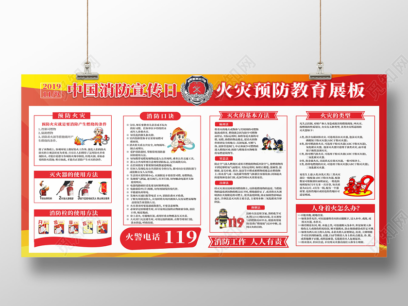 红色简约消防宣传日火灾预防教育展板