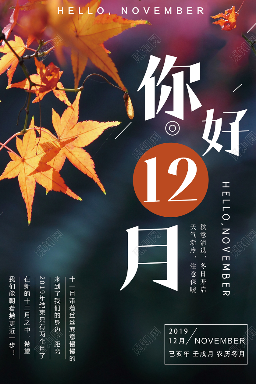 简约写实12十二月你好枫叶天气渐冷宣传海报