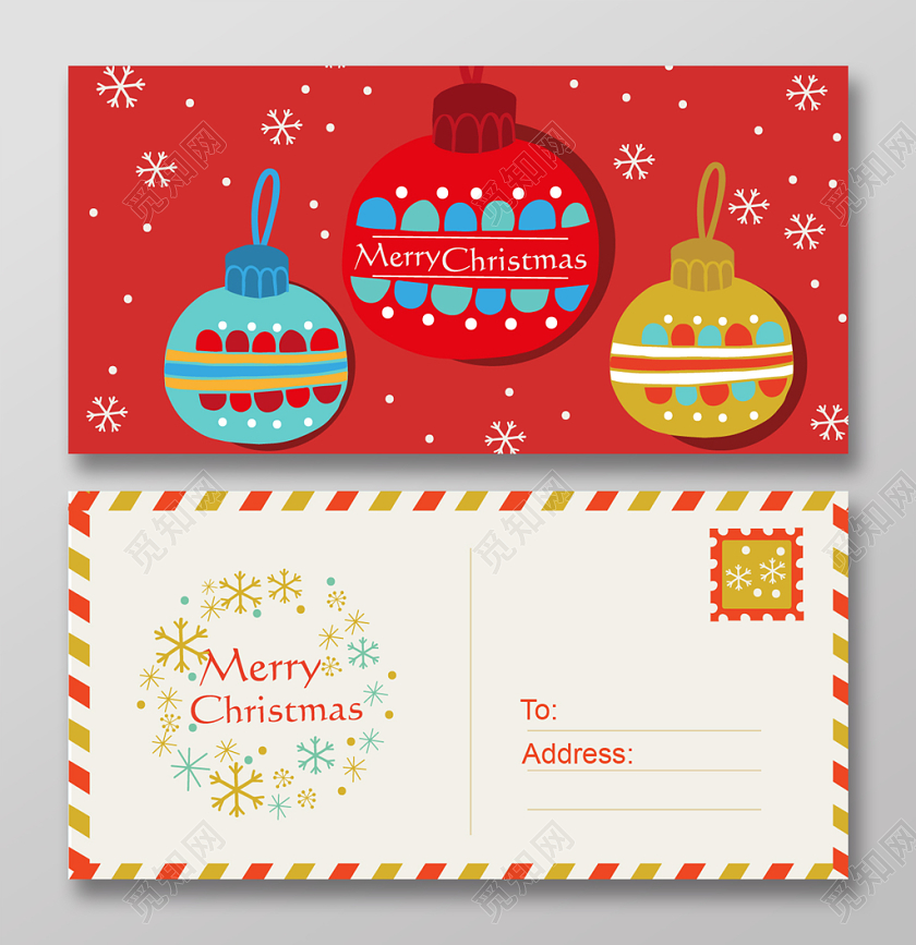 红色卡通风格圣诞明信片设计模板