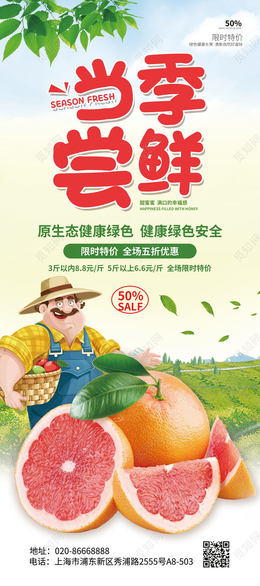 绿色简约冬天冬季水果当季尝鲜蜜柚子促销展架