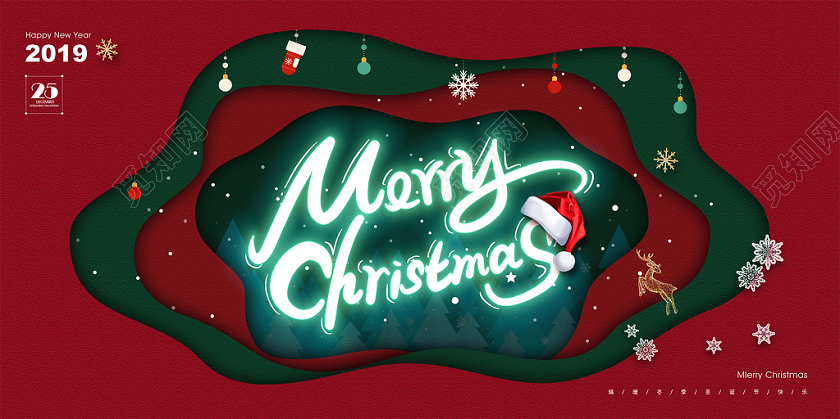 圣诞节红色剪纸霓虹灯创意时尚大气节日海报背景展板宣传栏