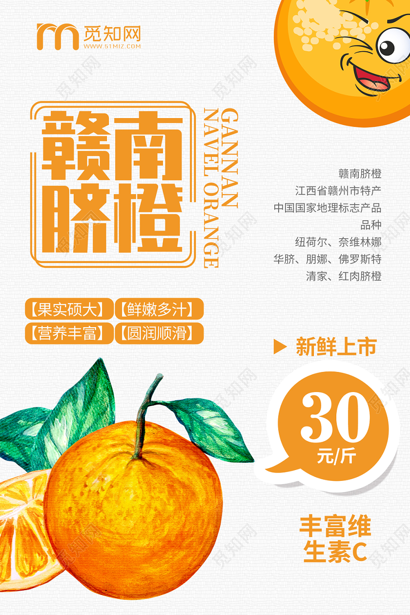 简约大气卡通风白色系水果橙子促销海报