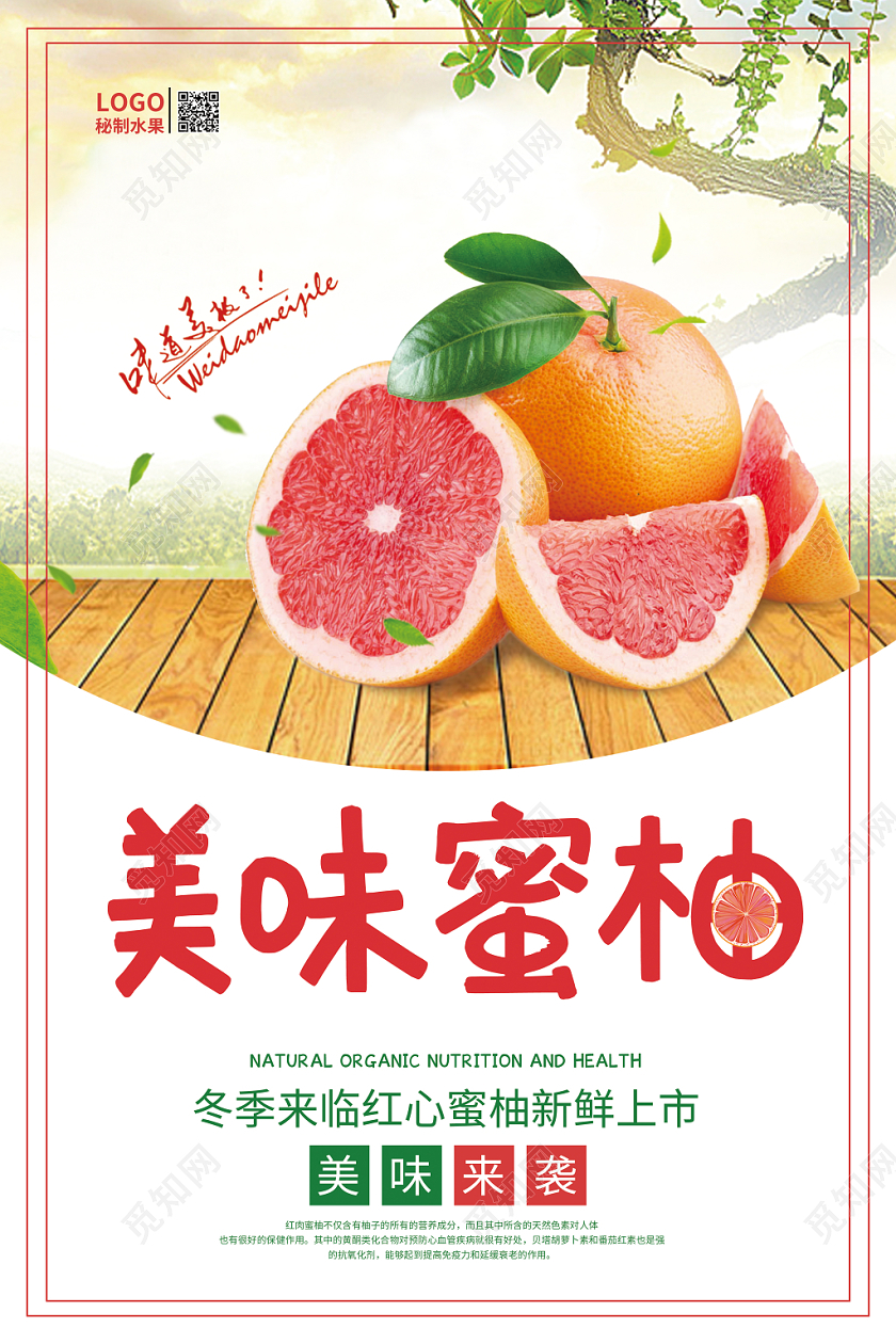 美味蜜柚红色简约清新红心柚子冬季水果柚子海报