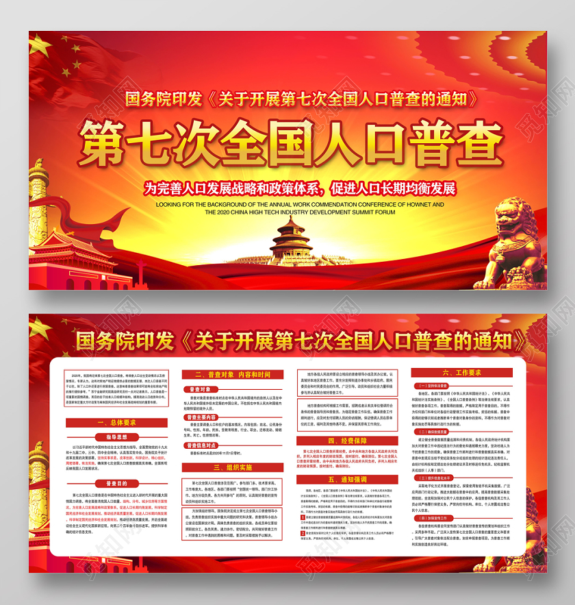红色大气第七次全国人口普查党政党建党课展板宣传栏设计