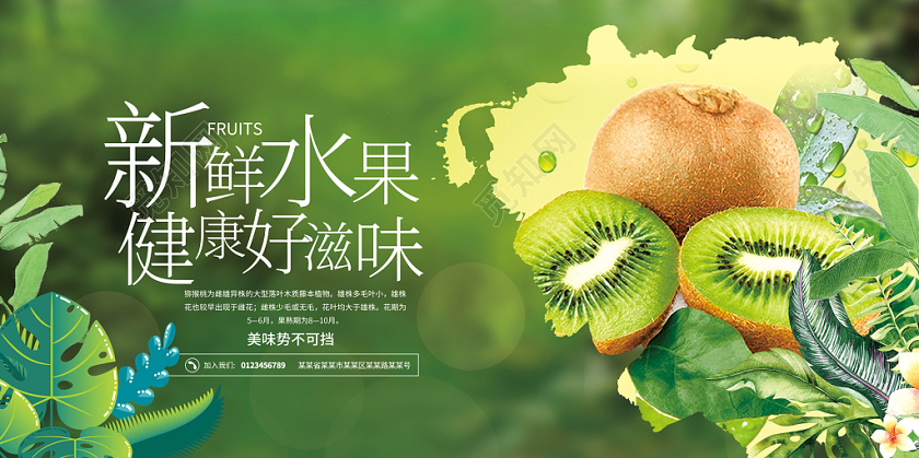绿色植物背景新鲜冬季水果猕猴桃美味展板