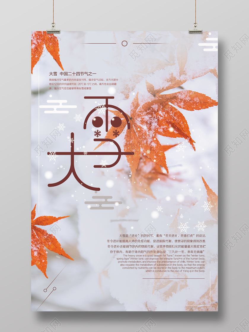 红色挂雪枫叶传统二十四节气之一大雪宣传海报
