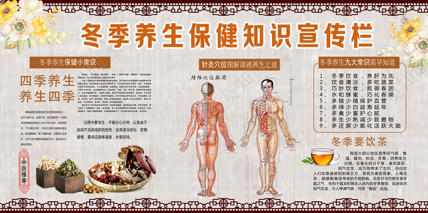 浅灰古典冬季养生保健知识宣传栏健康知识宣传栏冬季养生展板