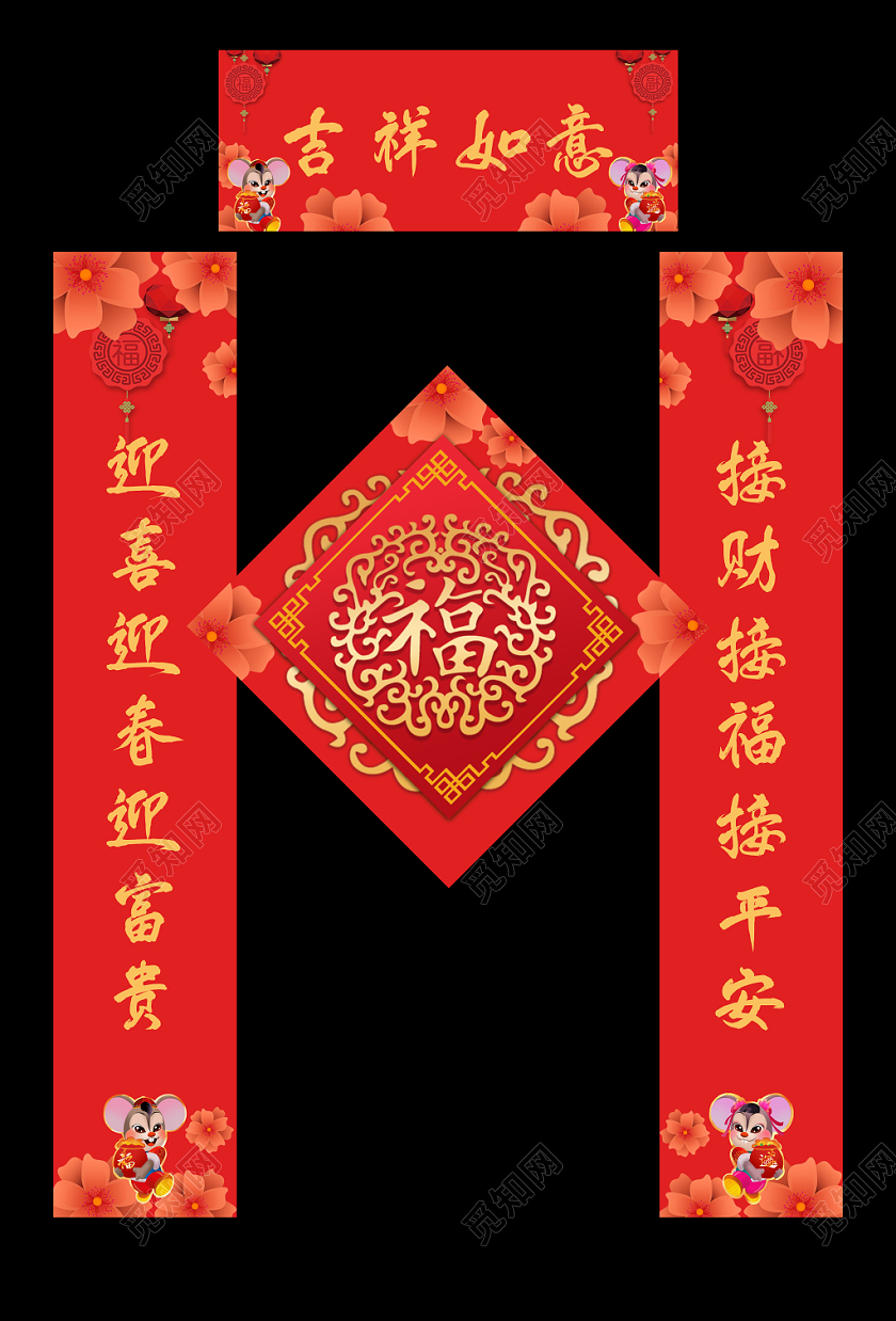 2020新年鼠年春节新春大吉字对联春联设计模板