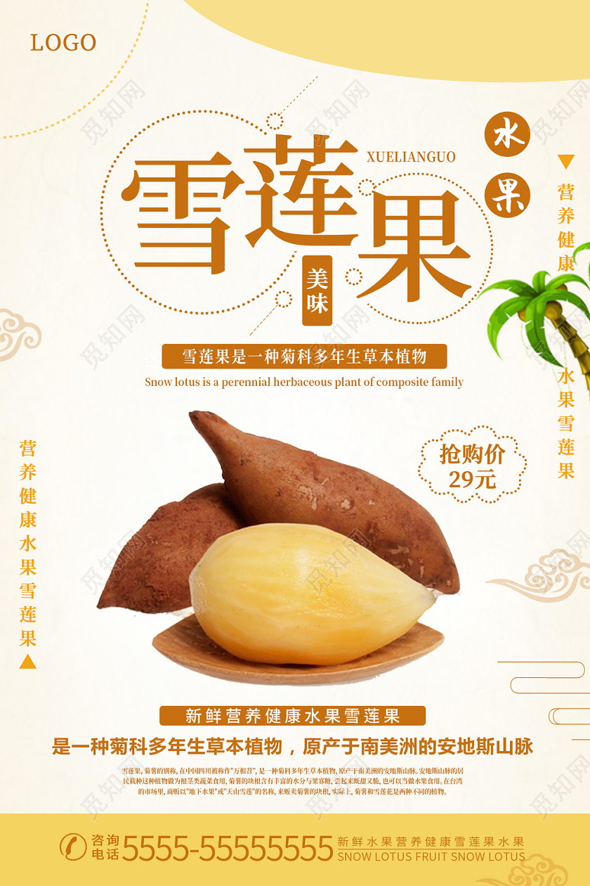 黄白简约时尚雪莲果健康水果雪莲果宣传海报