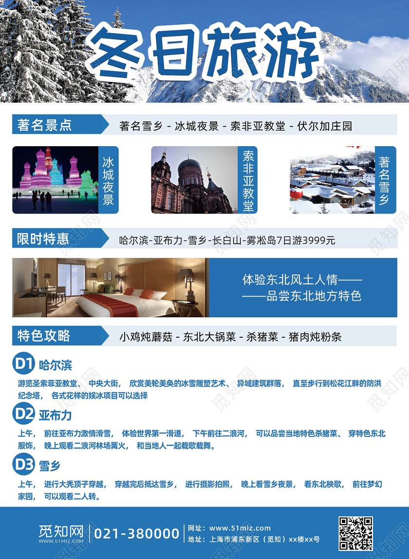蓝色简约冬季冬季冬天旅游旅行雪乡宣传单海报