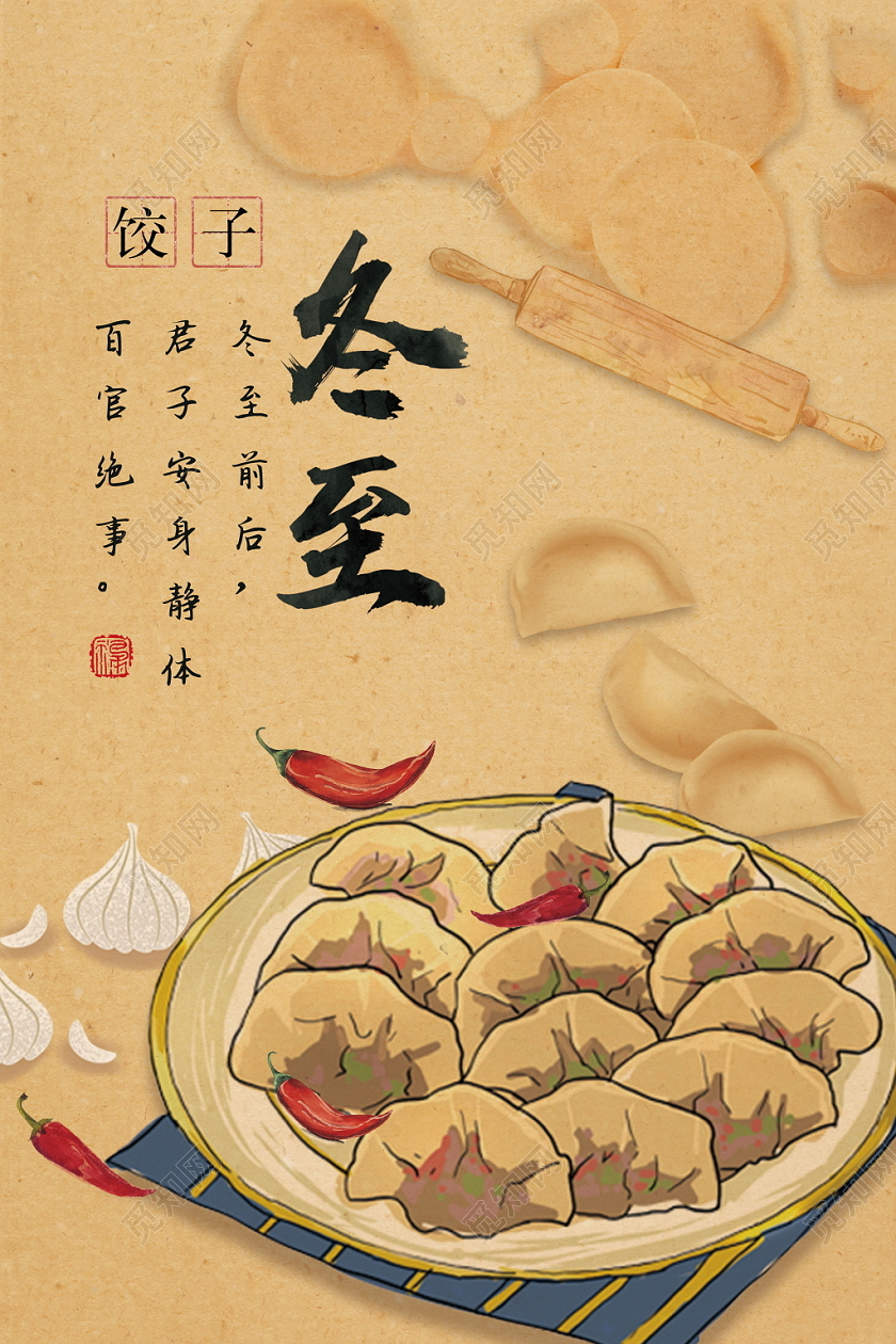 中国二十四节气传统节日冬至节气饺子手绘复古风
