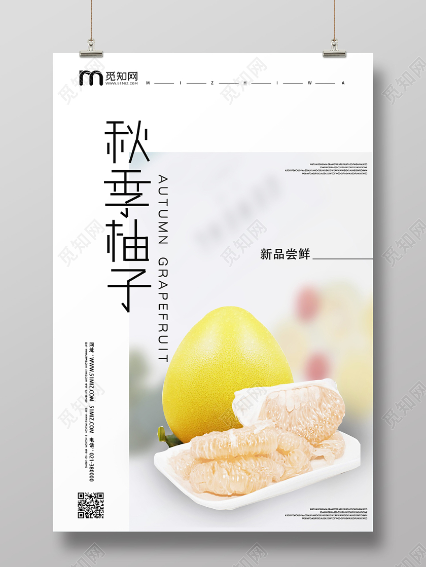 白色文艺风秋季柚子水果柚子海报