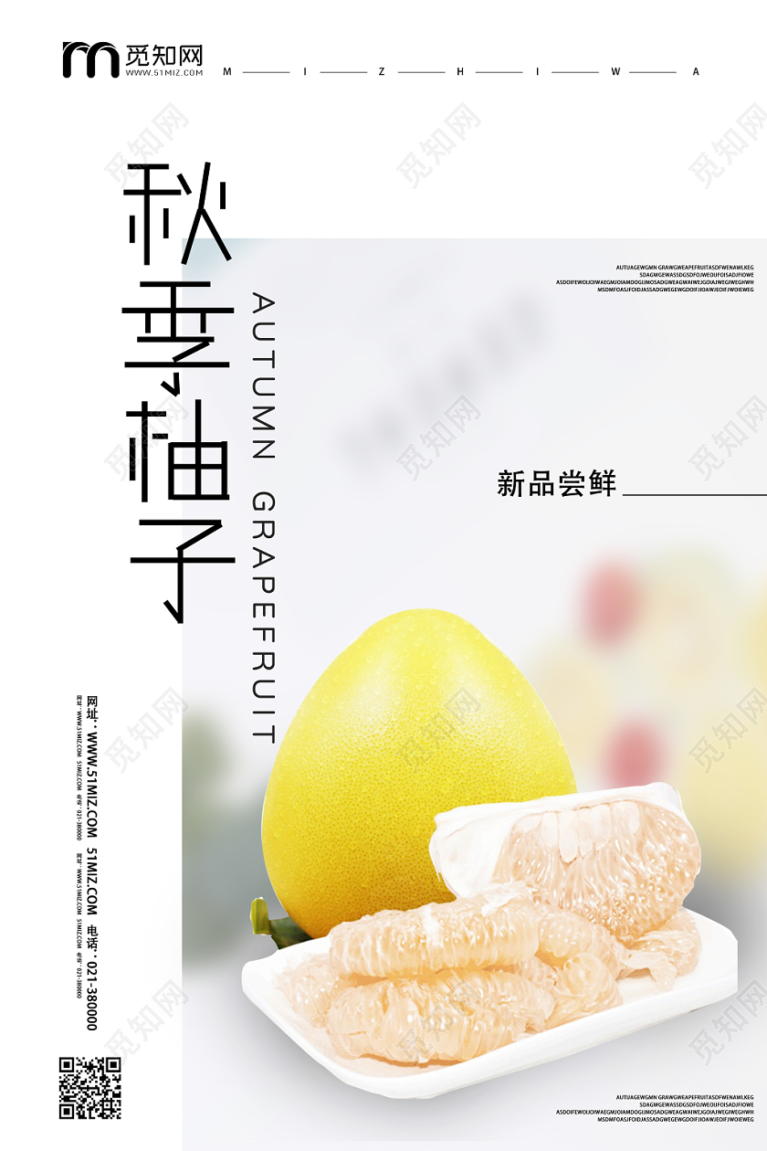 白色文艺风秋季柚子水果柚子海报