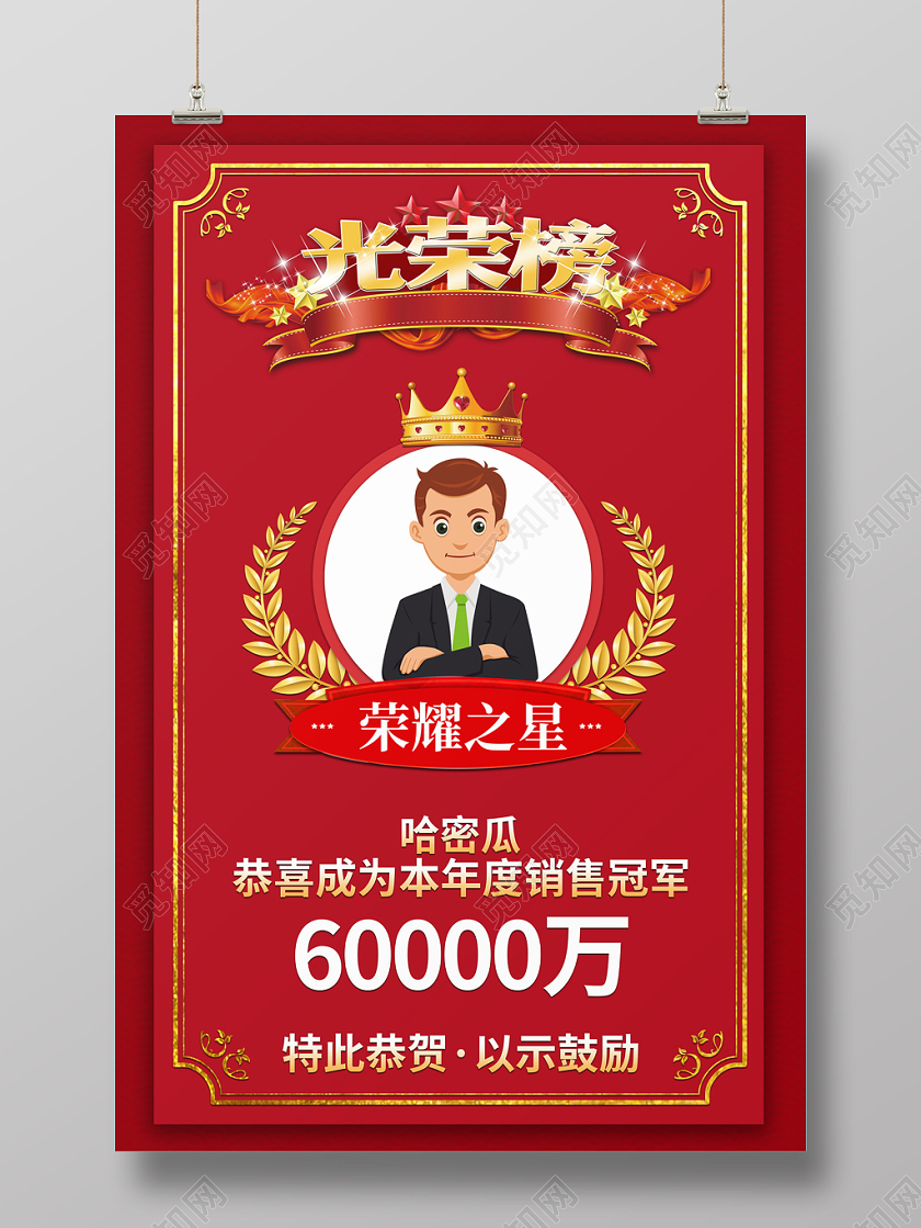 模板会议颁奖红色创意喜报光荣榜荣耀之星年度销售冠军颁奖典礼恭贺海报