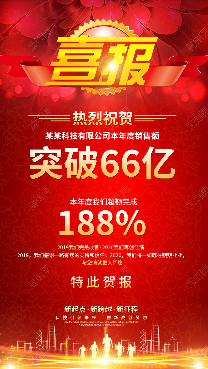 红色创意喜报热烈祝贺年度销售额贺报宣传手机海报