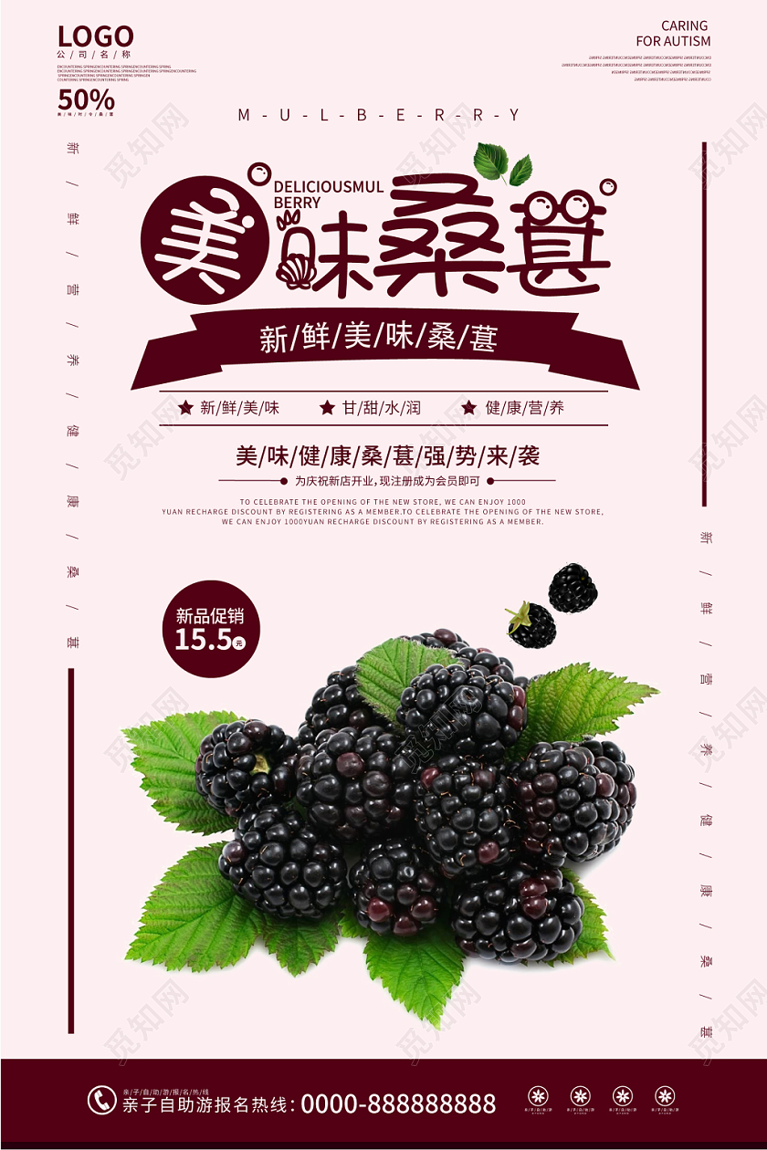 酒红色几何简约水果桑葚美味桑葚海报