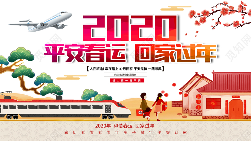白色卡通2020平安春运回家过年春运展板