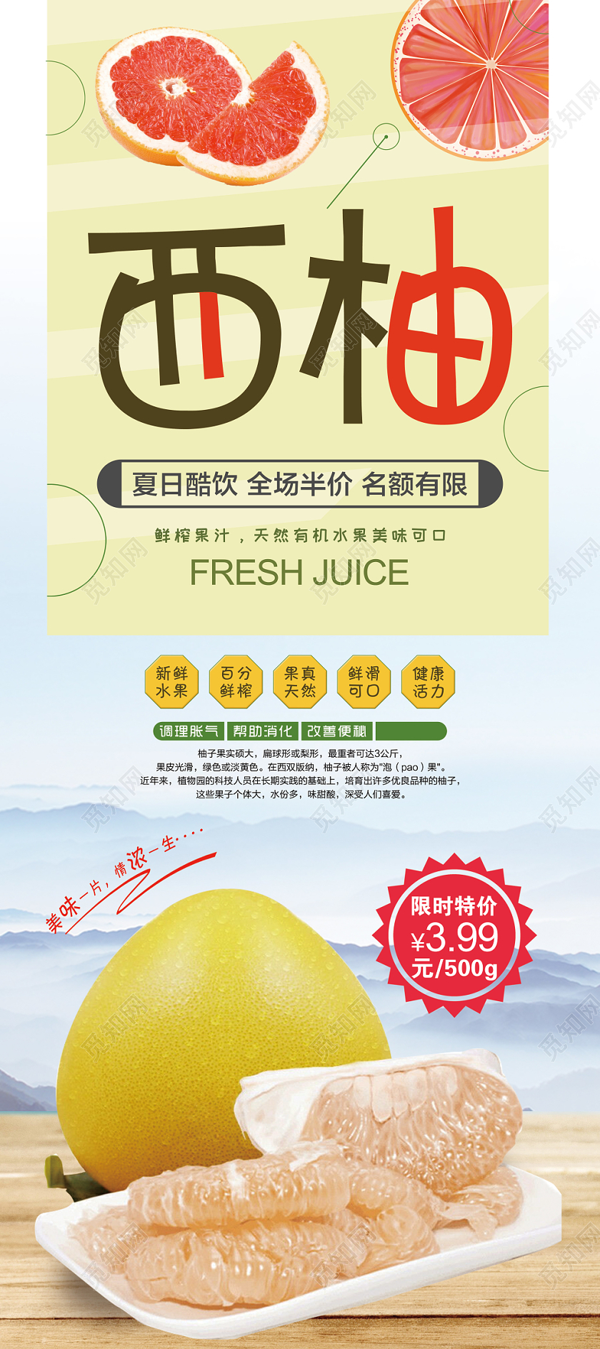 简单清新浅黄色水果柚子西柚夏日酷饮全场半价宣传逸乐易拉宝