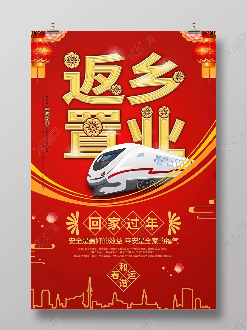 红色喜庆春运返乡置业春节春运海报