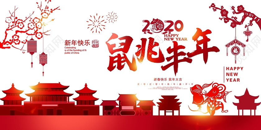 新年大吉剪纸风中国风2020鼠兆丰年新年快乐鼠年大吉新年展板设计