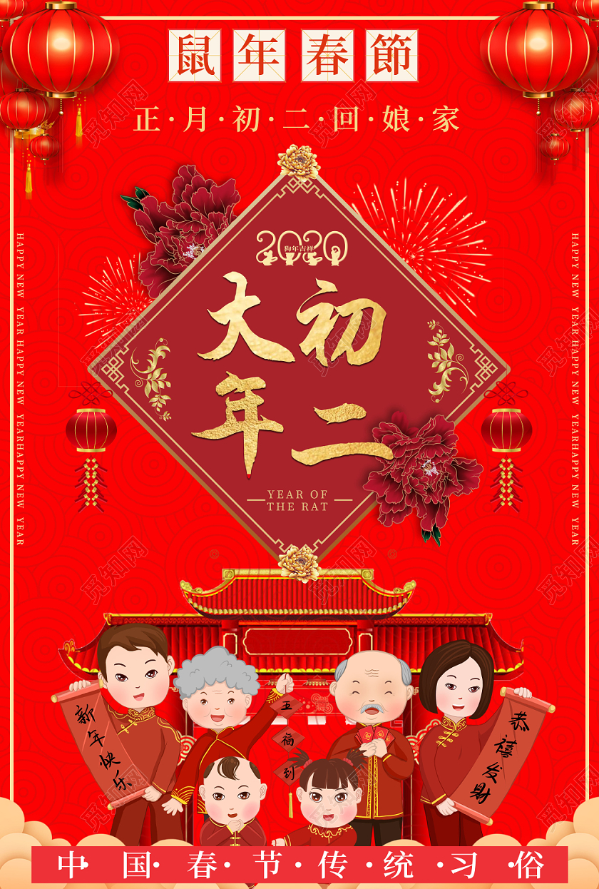 红色喜庆大年初二正月初二灯笼牡丹花灯笼回娘家习俗海报