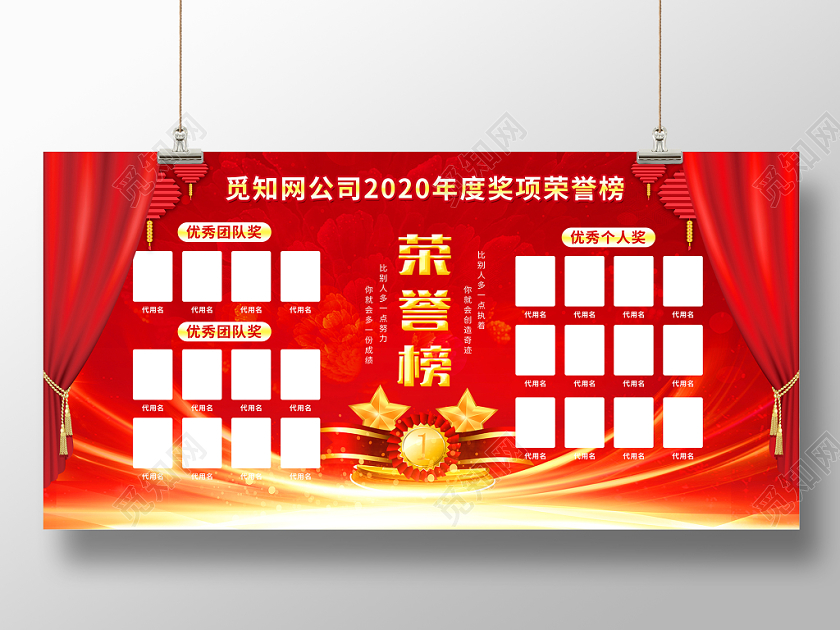 红色喜庆公司企业2020年度荣誉墙荣誉榜照片墙展板设计