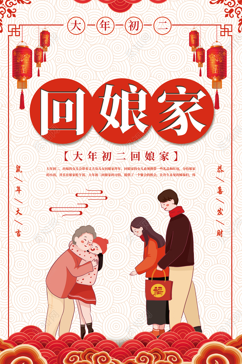 简约手绘红色喜庆大年初二正月初二回娘家习俗海报