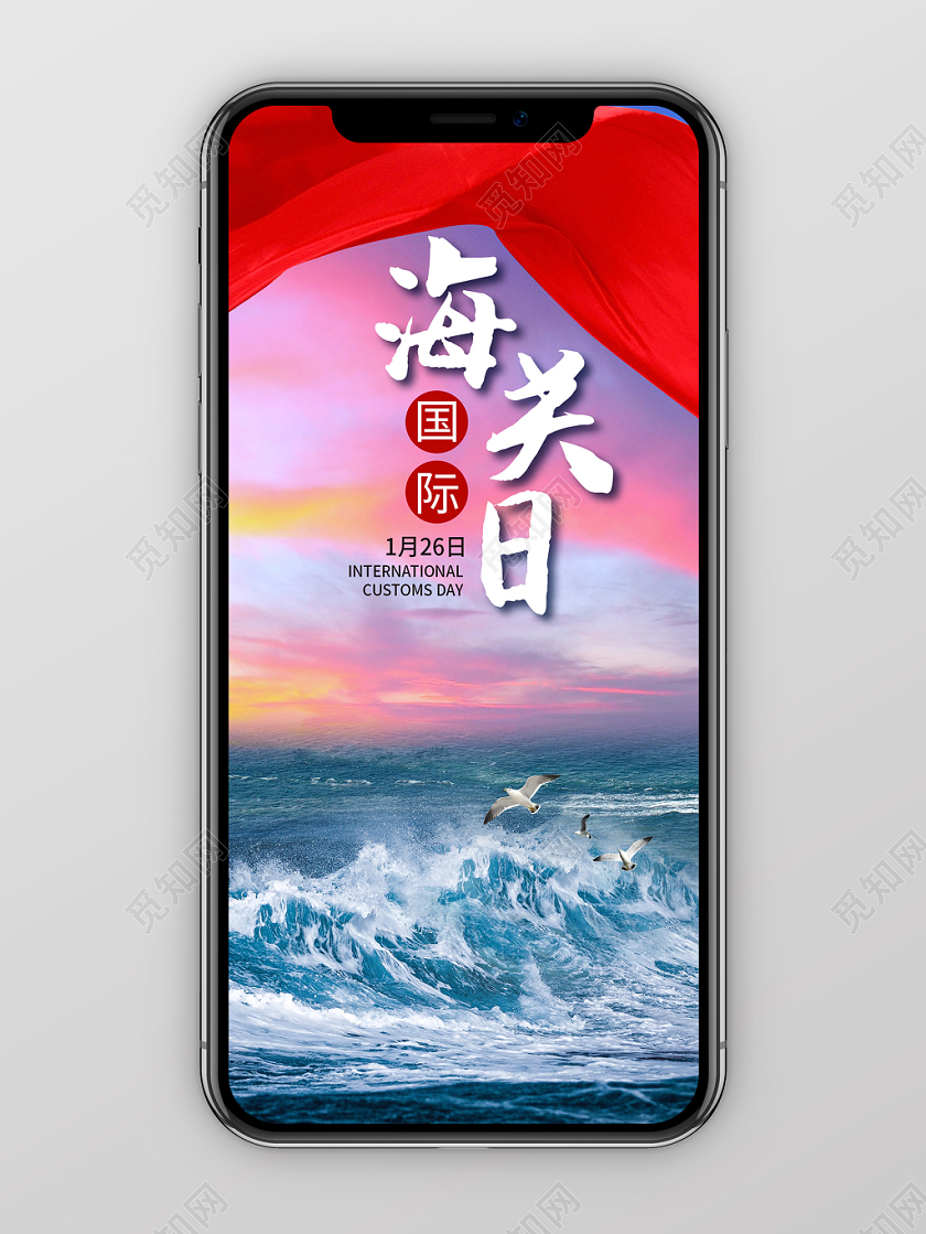 炫彩简约海浪海鸥1月26日国际海关日手机海报