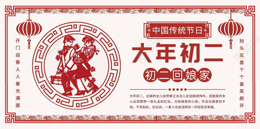 红色传统喜庆2020鼠年大年初二回娘家展板海报