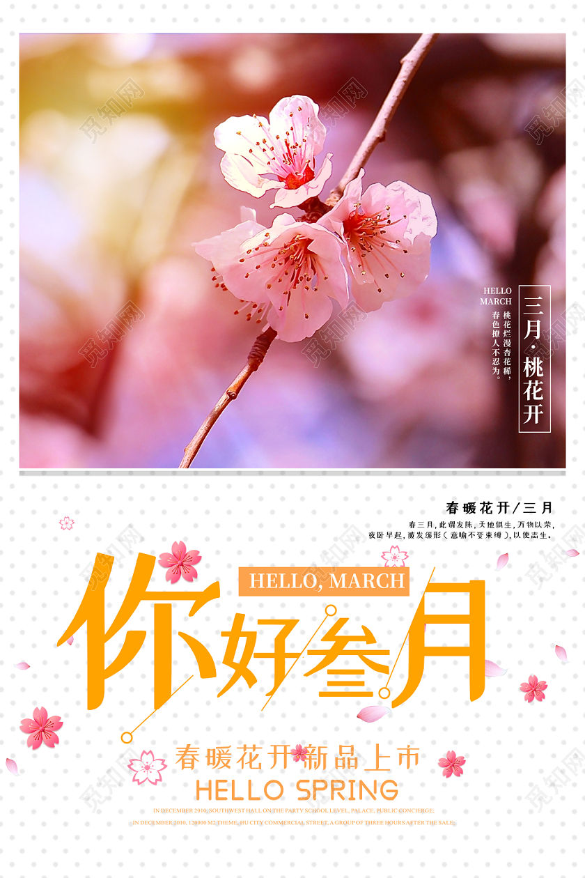 阳春三月简约浪漫三月叁月你好月份桃花海报三月你好