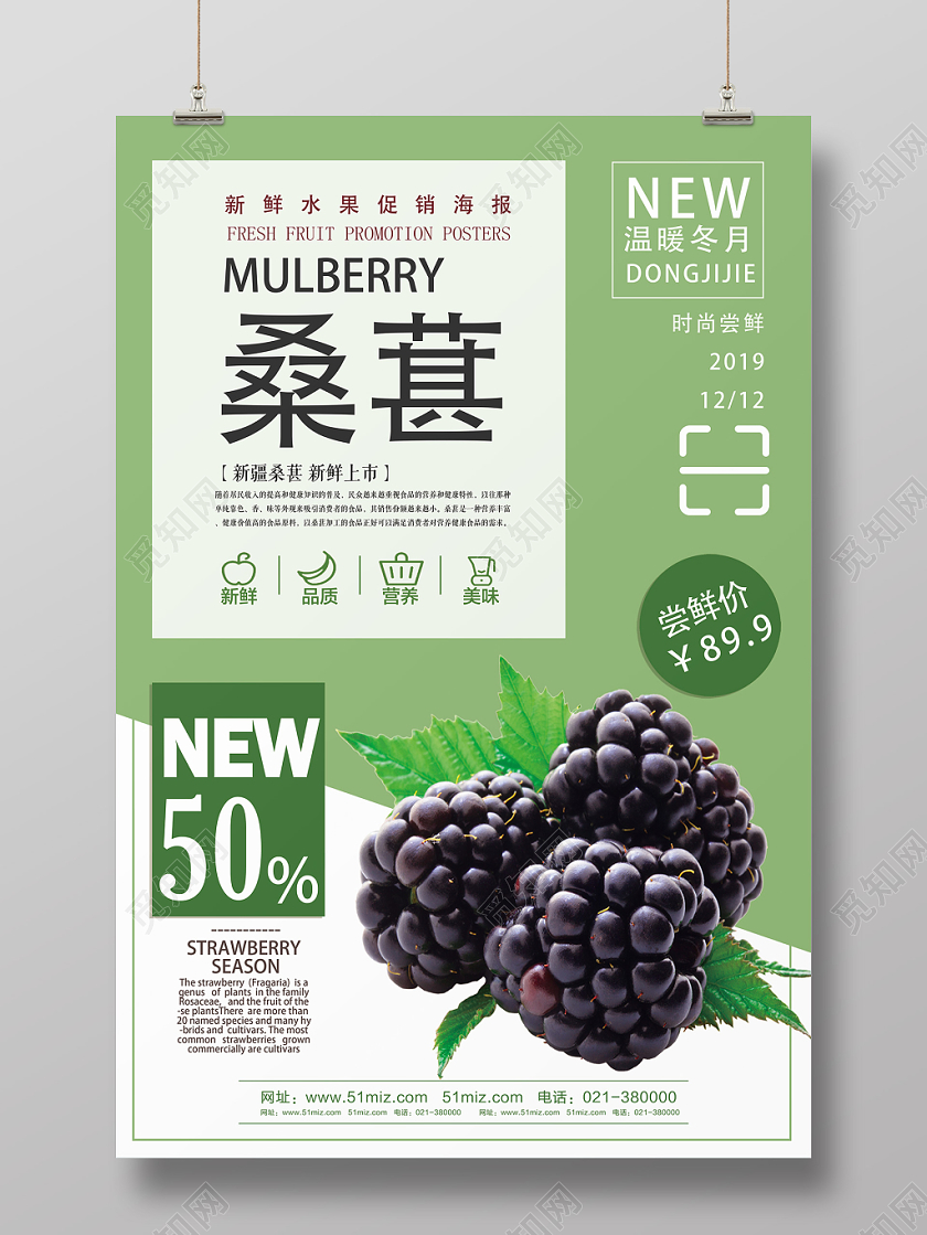 绿色简约桑葚水果桑葚促销海报