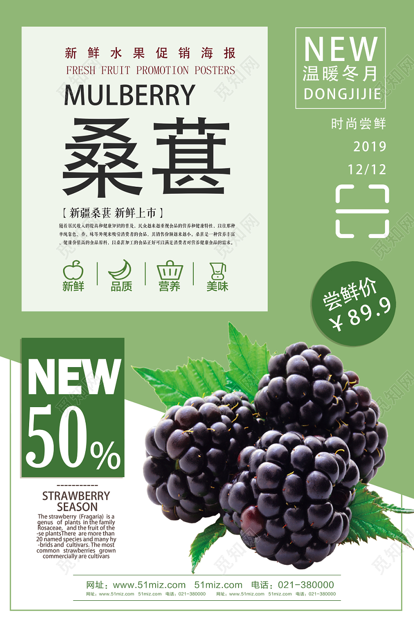 绿色简约桑葚水果桑葚促销海报