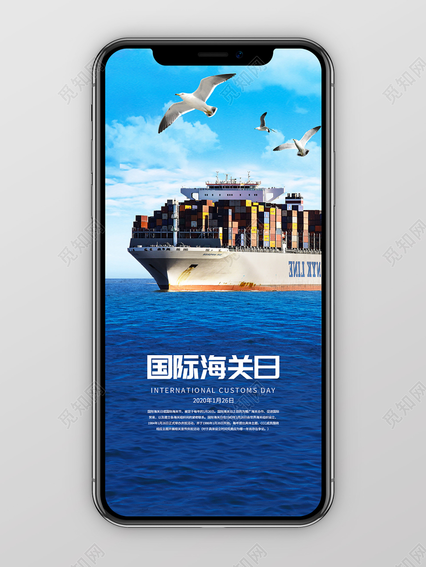 蓝色简约海洋货轮1月26日国际海关日手机海报