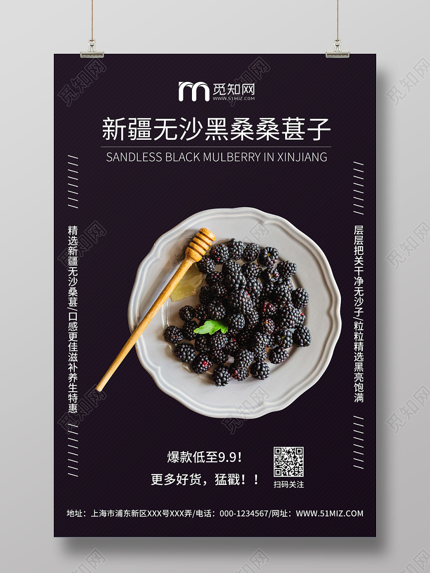 紫色时尚新疆无沙黑桑桑葚子宣传海报水果桑葚