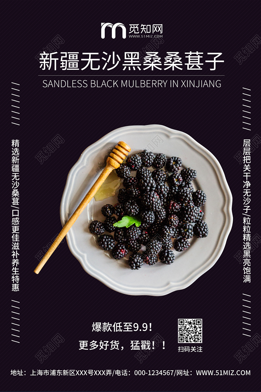 紫色时尚新疆无沙黑桑桑葚子宣传海报水果桑葚