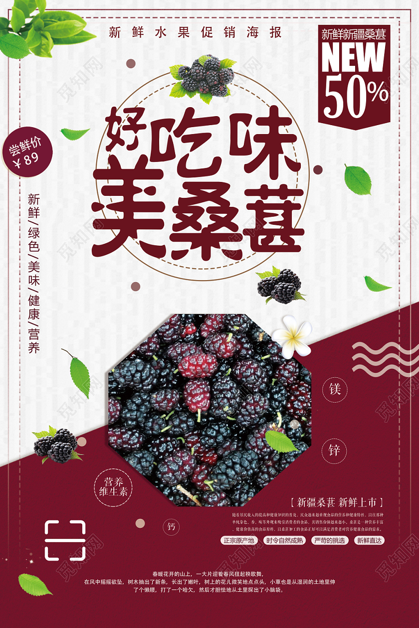 红色简约好吃美味桑葚水果桑葚促销海报