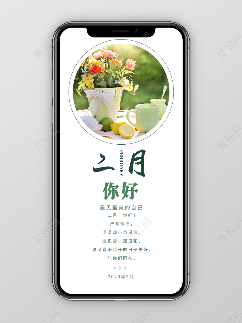 简约大气唯美风白色系二月你好宣传手机海报