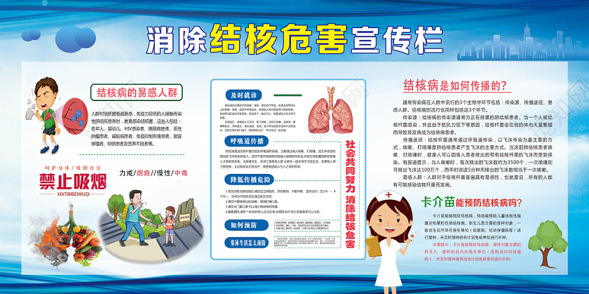 卫生健康教育宣传栏蓝色卡通消除结核危害健康教育宣传栏防治结核病展板