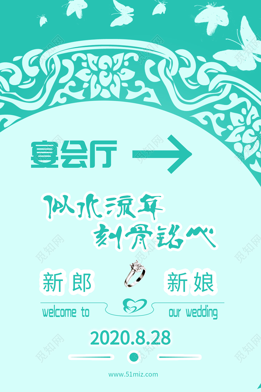 绿色背景婚礼宴会厅中国风指示牌