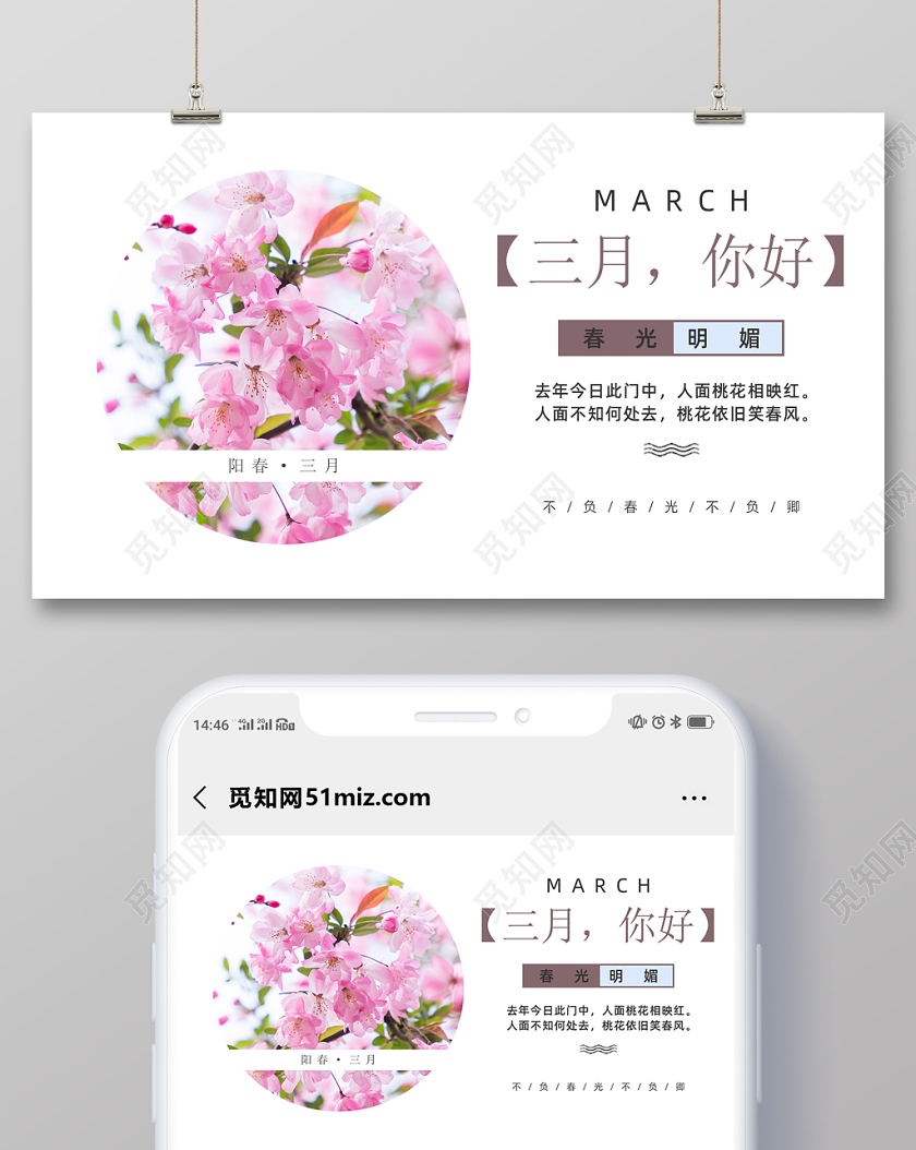 清新简约春天三月你好微信头图公众号首页图