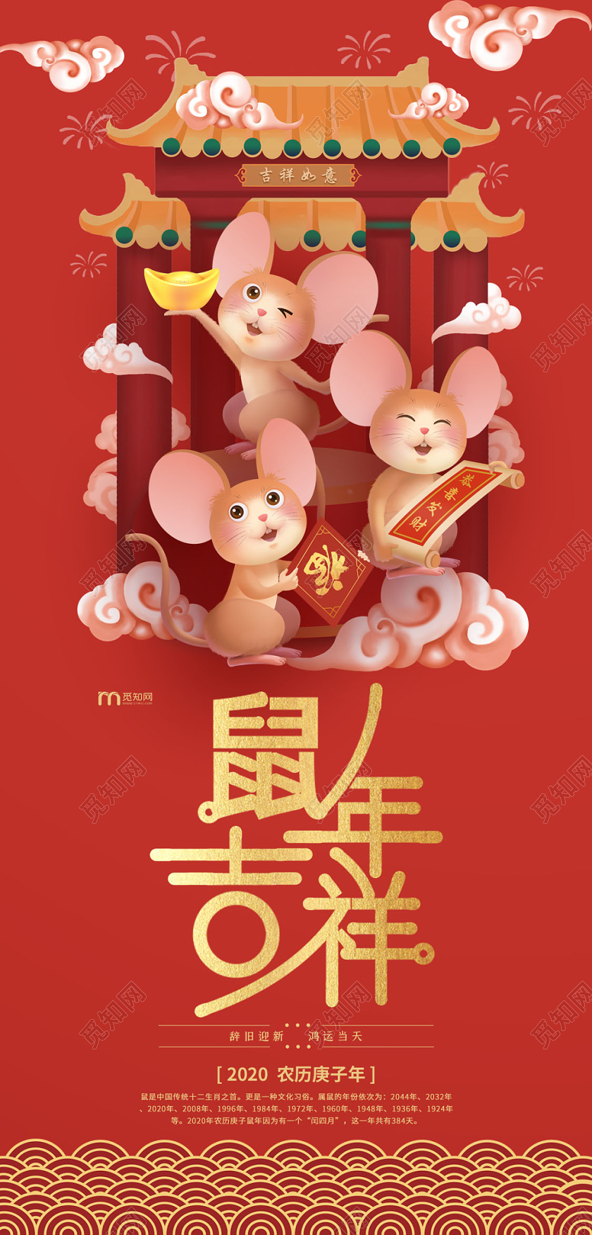 过年贺卡元旦贺卡2020新年贺卡红色鼠年吉祥新年贺卡明信片
