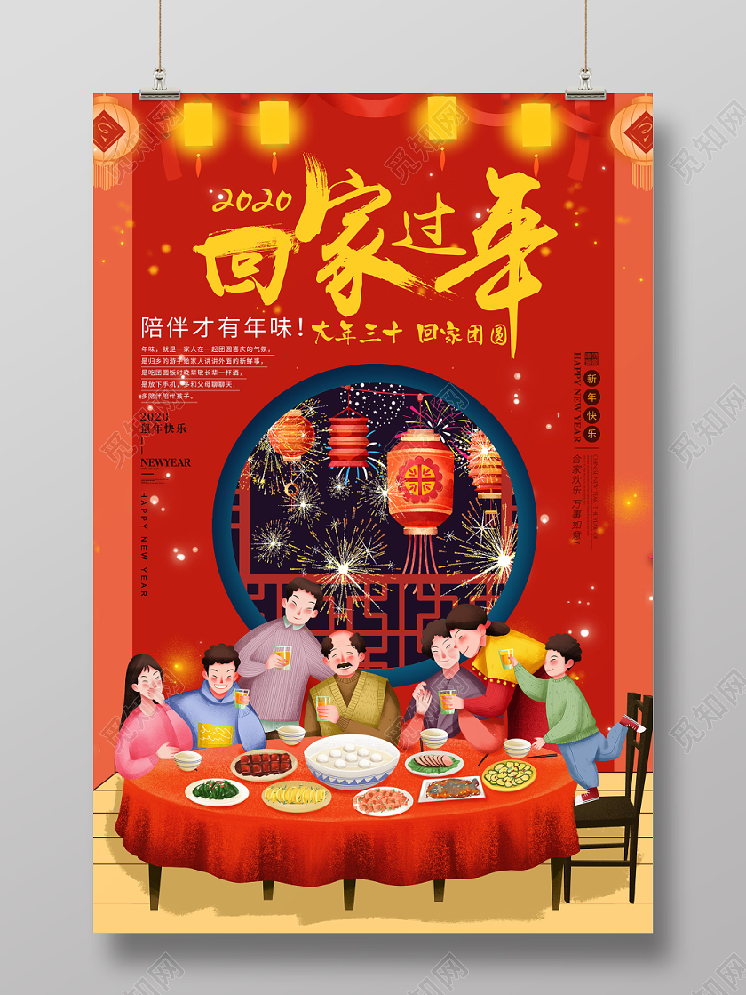 年夜饭团圆饭全家福2020大气新年鼠年除夕回家过年立体窗鞭炮祥云宣传