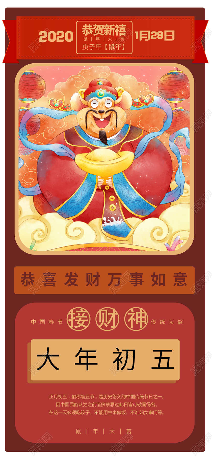 春节习俗棕色简约卡通几何接财神手机海报大年初一至初七系列图2